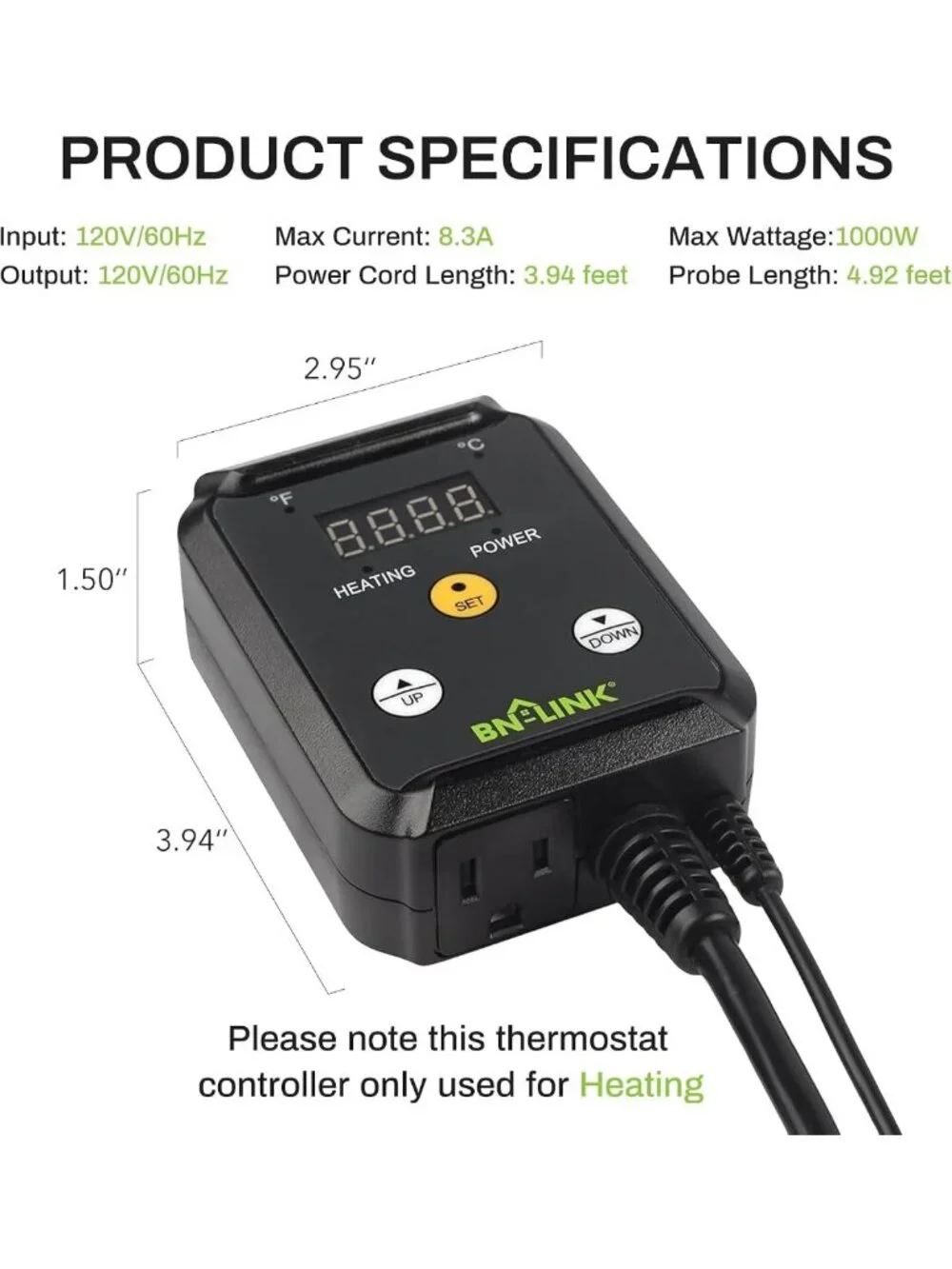 Digital Temperature Controller for Reptiles, Plants & Brewing - 40-108°F, 1000W
